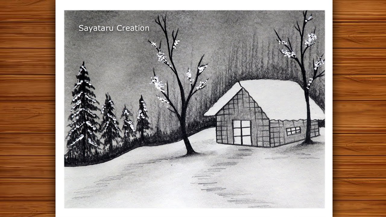 How to draw Winter Snowfall Scenery with pencil, Easy Pencil sketch