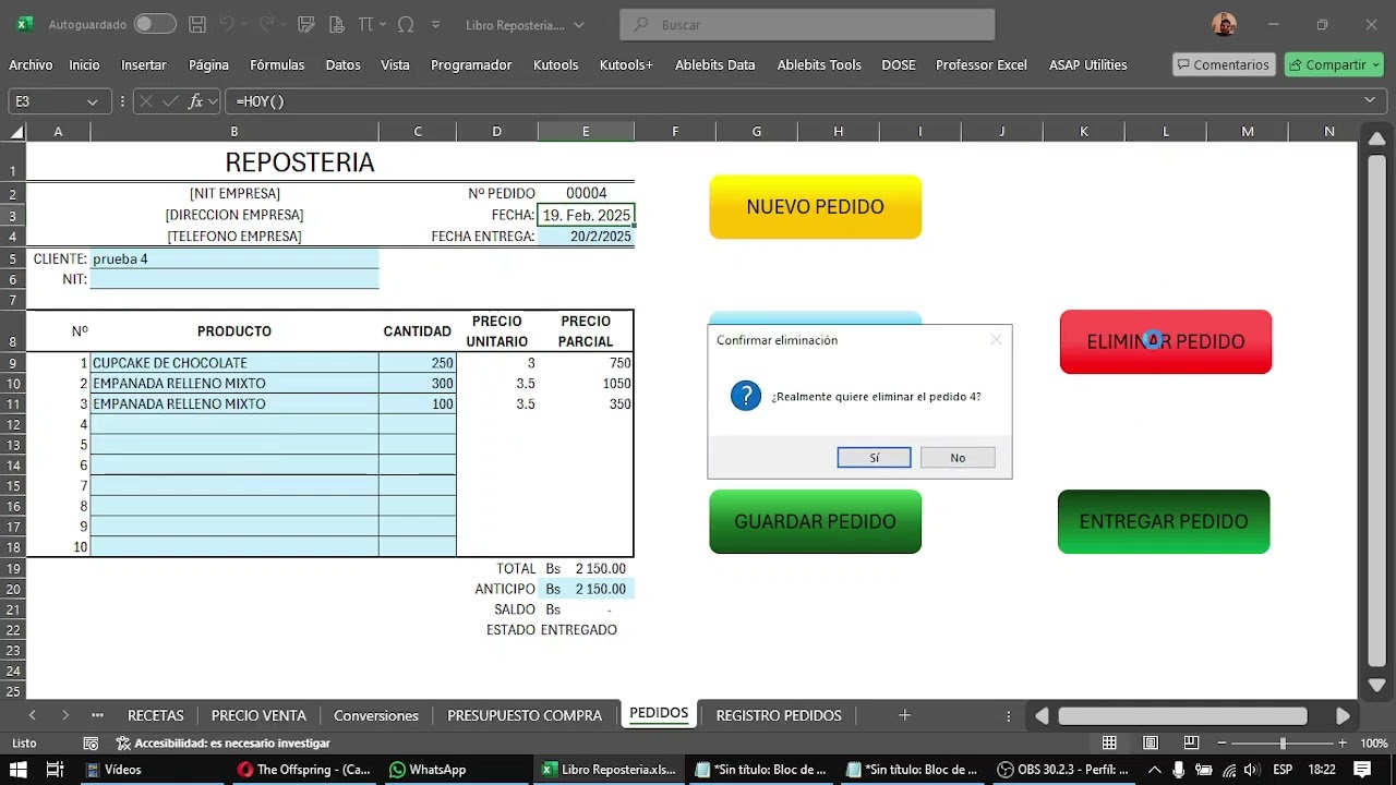 Manejo de pedidos de una reposteria y manejo de nuevos precios de materia prima