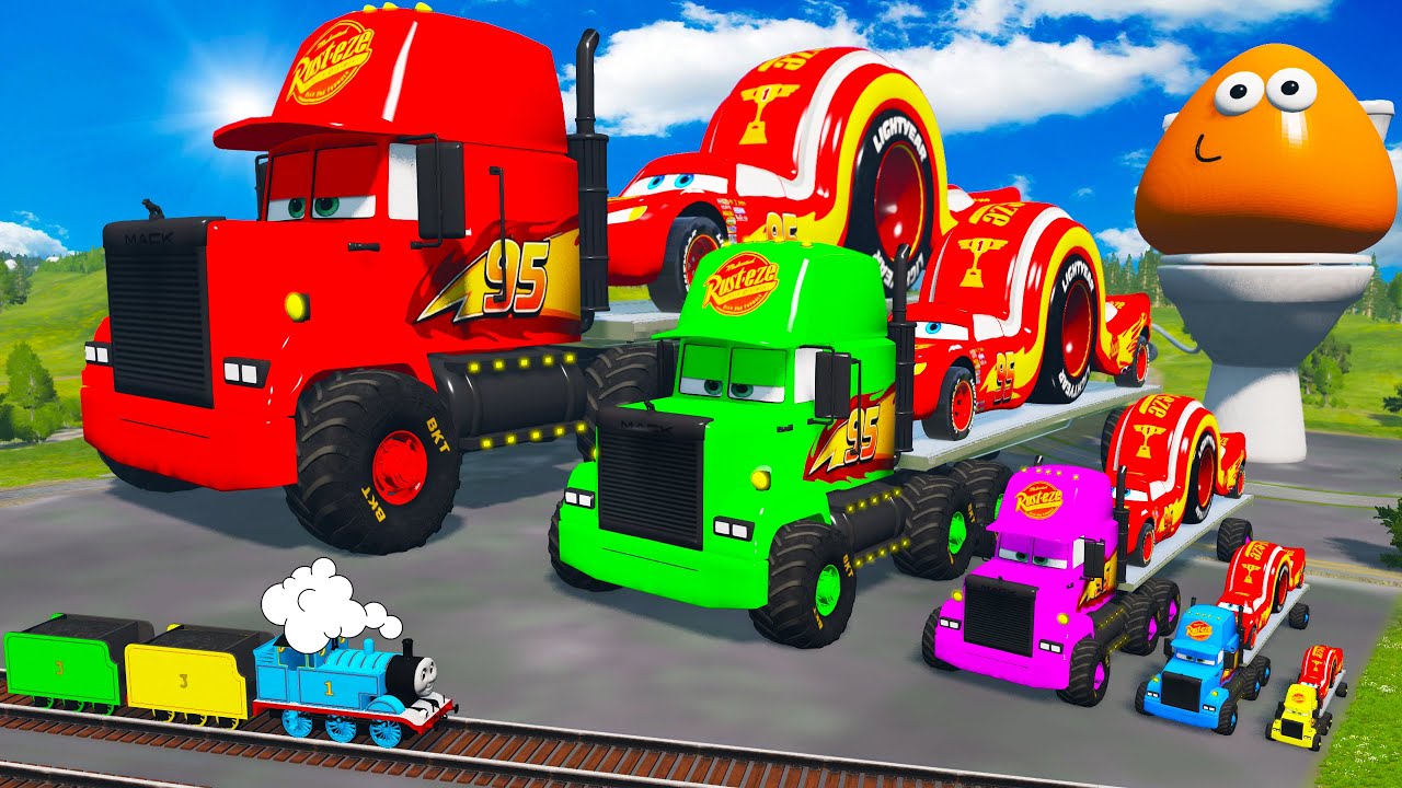 Big & Small Long Mack Truck with McQueen Monster Convoy VS Train - Spinner Wheels vs Cars - BeamNG