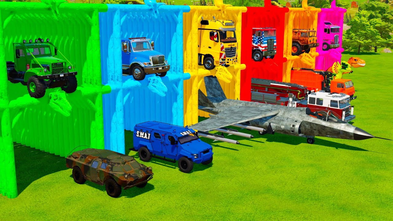 TRANSPORTING PANZER TRUCKS, FIGHTER JET, FIRE TRUCK & DINOSAURS WITH TRUCKS! Farming Simulator 22