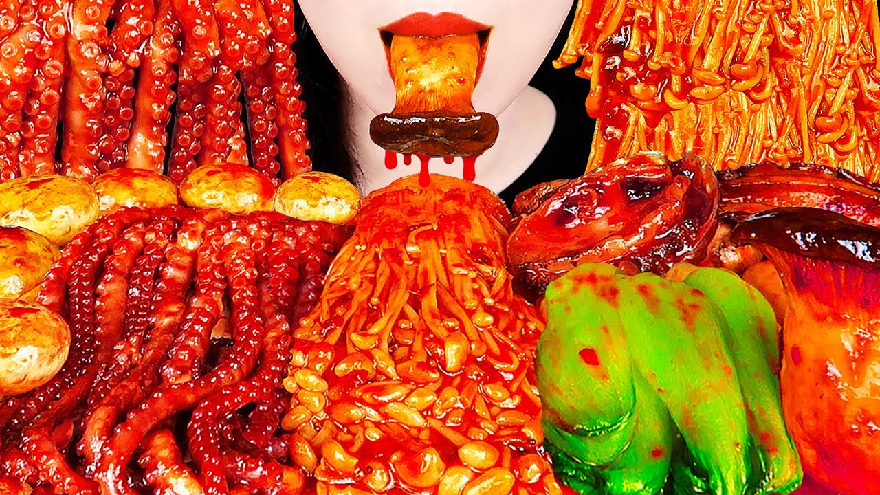 ASMR SPICY ENOKI MUSHROOM OCTOPUS 불닭 팽이버섯, 낙지 먹방 咀嚼音えのき MUKBANG COOKING&EATING SOUNDS