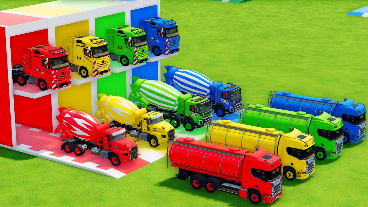 Garage with Colors - ALL MIXER TRUCK WITH DOUBLE FLATBED TRAILER TRUCK, CAT, MACK, VOLVO, SCANIA