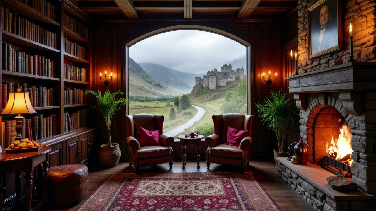 Scottish Ambience – Celtic Library and Fireplace in Classic Library, Rainy Highlands Road
