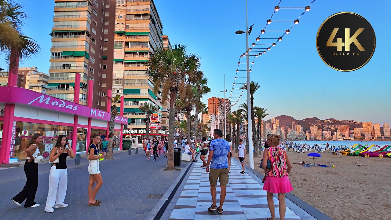 Benidorm, Spain (4K UHD) Crowded Streets, Scammers, And Beautiful Weather Walking Tour 2024