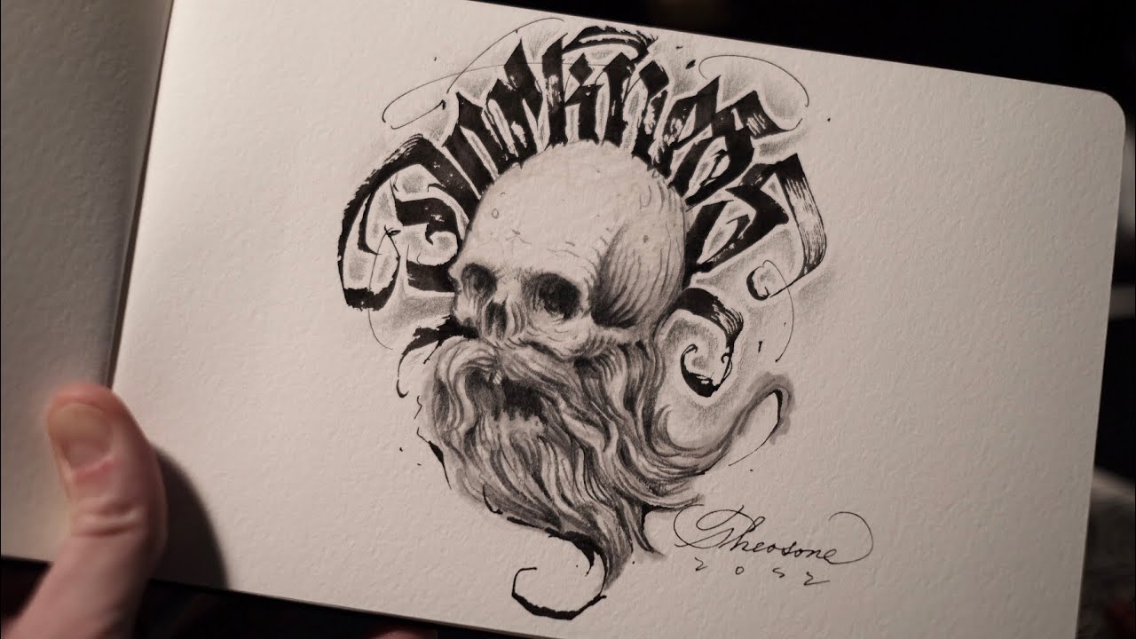 Darkness - Theosone skull speed drawing and calligraphy
