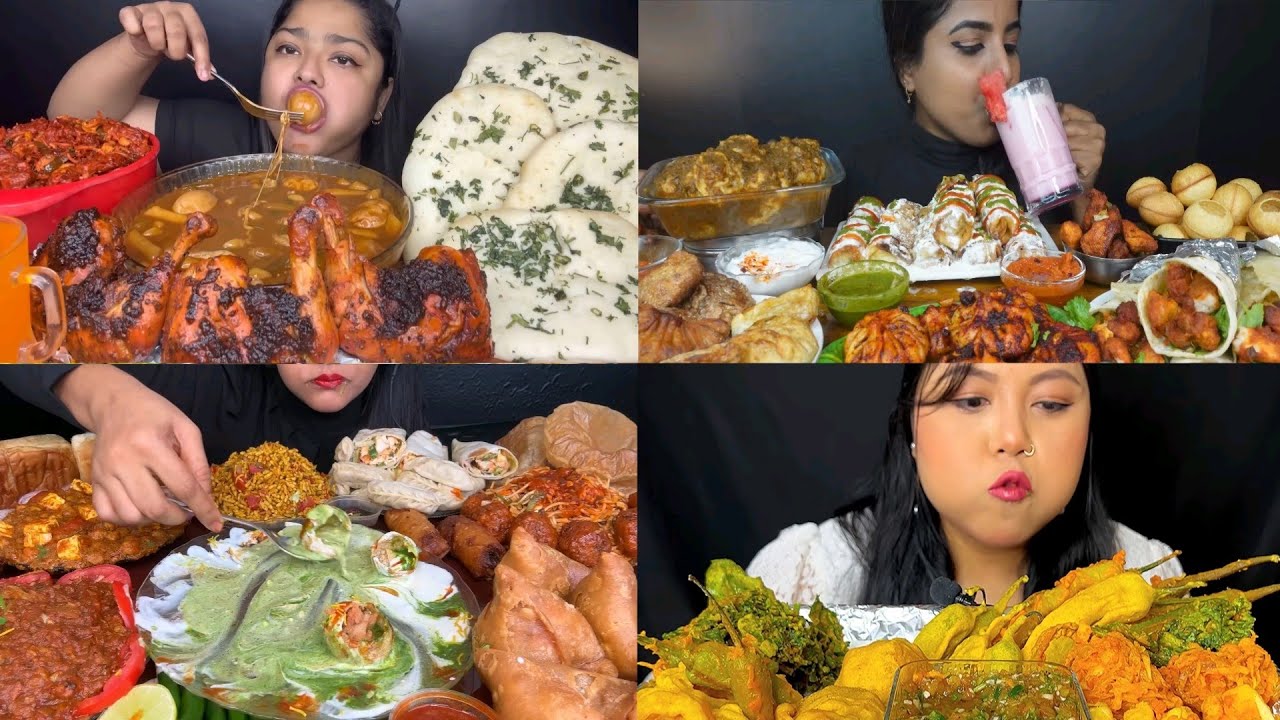 ASMR EATING DAIHI PURI CHOLE BHATURE MALAI CHAAP ROLL TANDORI CHICKEN PAKORA EATING VIDEOS 