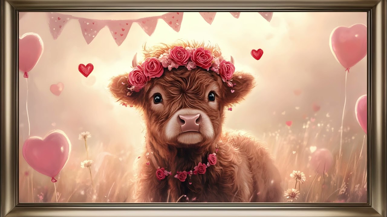 Baby Cow  With Flower Crown Frame TV Art | Valentine's Screensaver Background For Your TV 🐂🌹