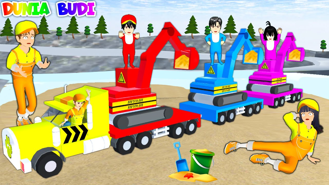 Yuta Mio Jadi Supir Truk Excavator Merah Biru Pink | Bantu Selamatkan Tanah Longsor Di Gunung