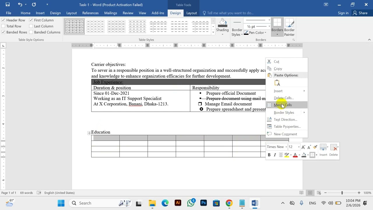 NSDA IT Support Service Level-3 | MS Word Resume (Step by Step)