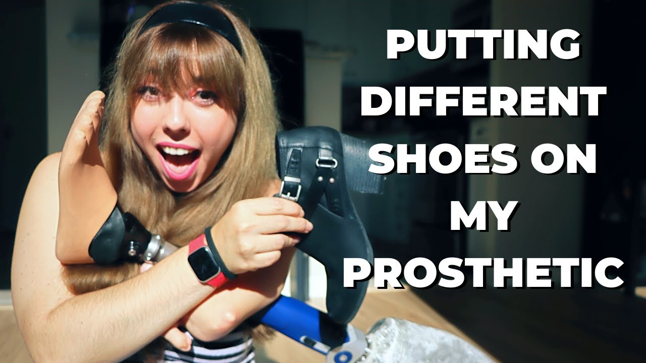 How To Put Shoes On A Prosthetic Leg - Amputee Woman Wears High Heels And Gym Shoes