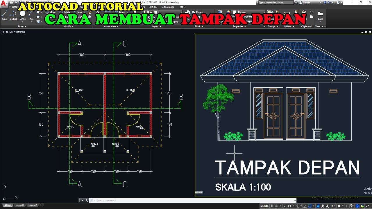 Tutorial Cara Membuat TAMPAK DEPAN digambar 2D AUTOCAD