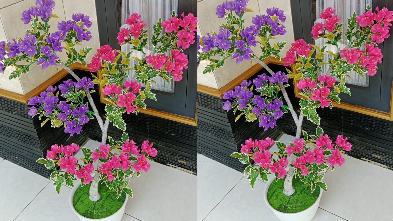 Bonsai bougenville dari plastik kresek || warna pink dan ungu