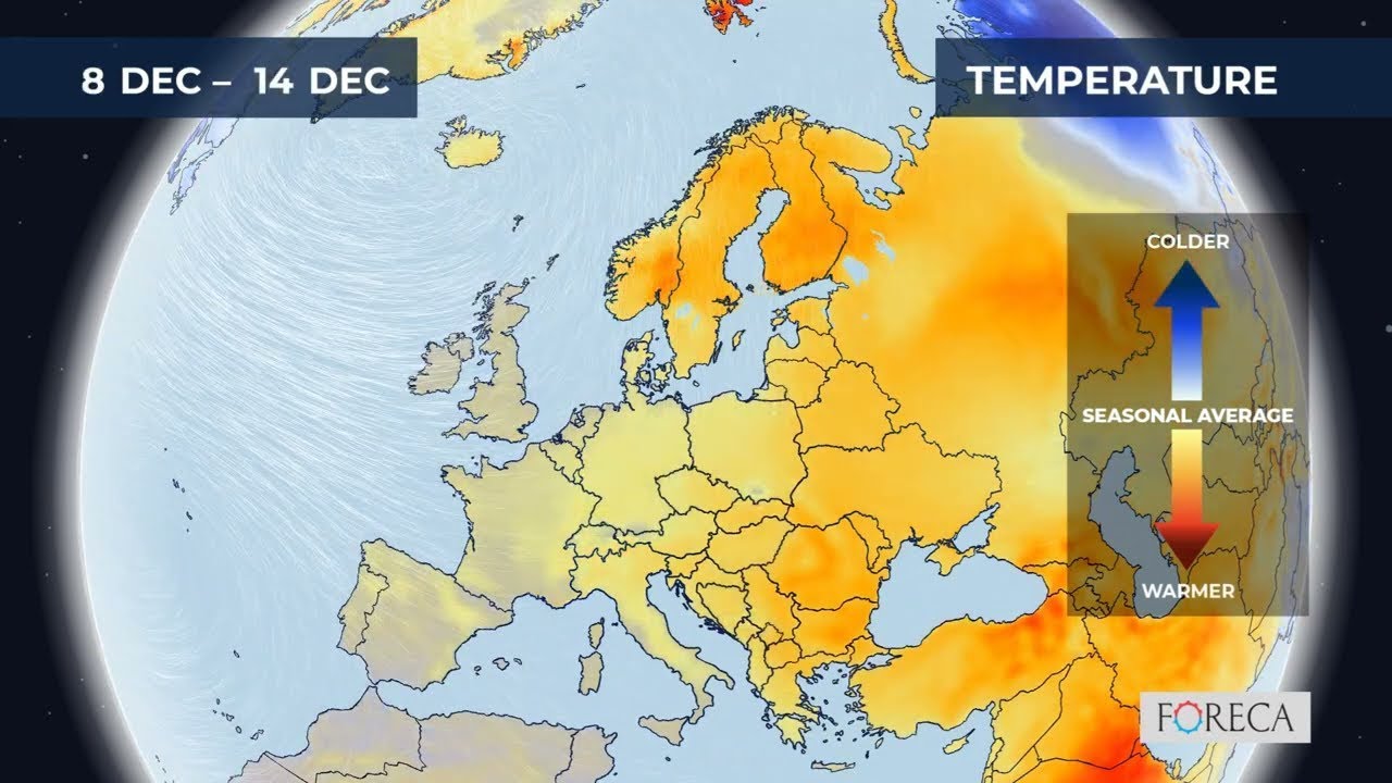 Monthly temperature forecast for Europe 29/11/2025