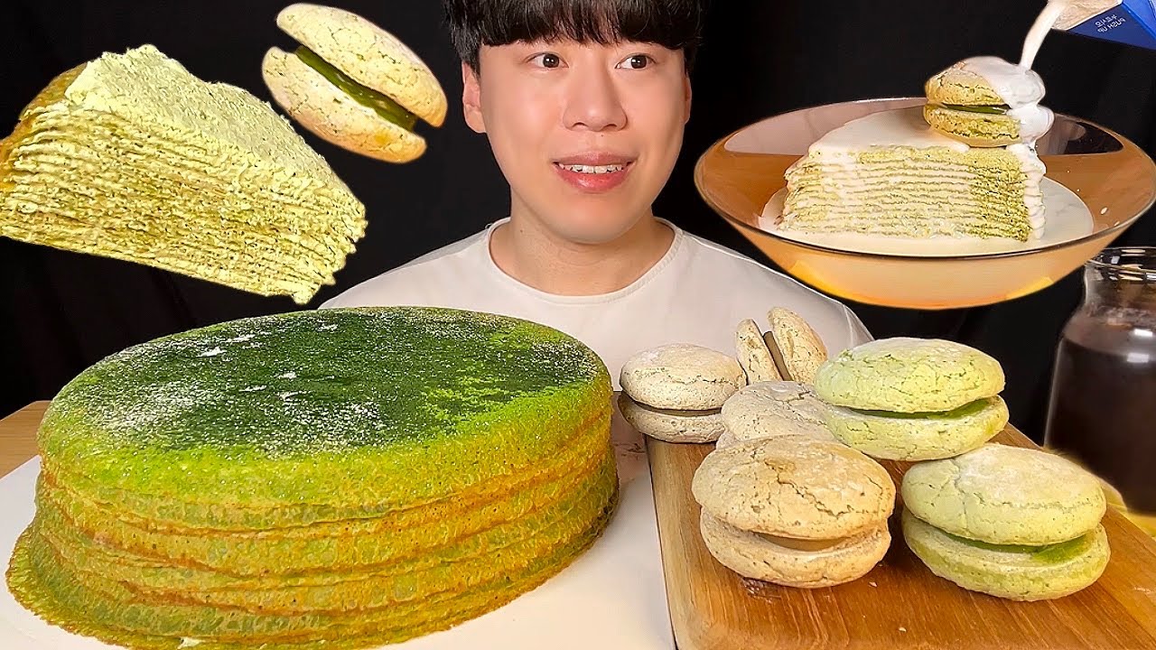 СУБ) Корейский десертный блинчик с зеленым чаем, молоком и мукбанг асмр Дакуаз