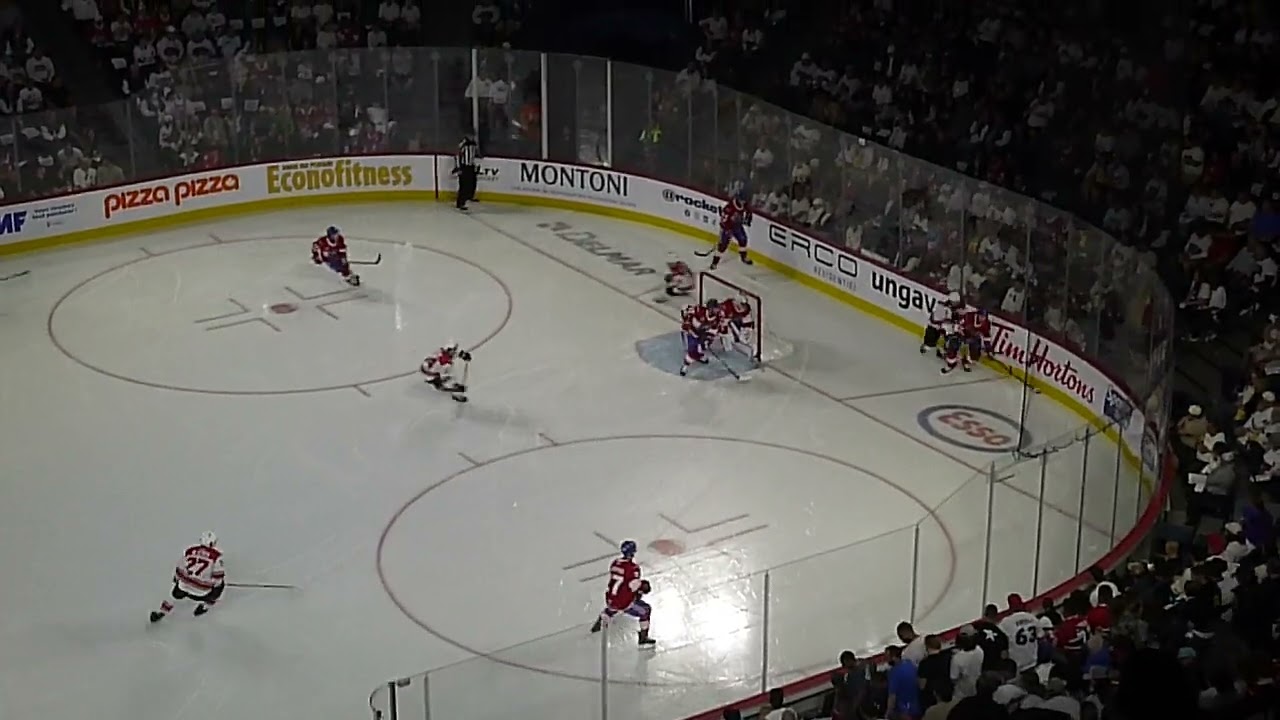 Oliver Okuliar of the Charlotte Checkers scores vs. the Laval Rocket in game 1 5/28/25