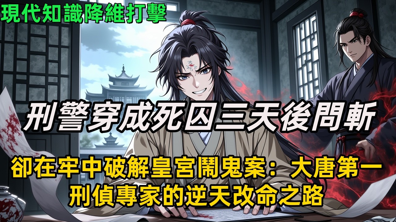 《刑警穿成死囚三天後問斬，卻在牢中破解皇宮鬧鬼案：大唐第一刑偵專家的逆天改命之路》刑警林楓墜樓，醒來成貞觀六年死囚，三天後問斬。原主撞牆藏血手印之謎。他對刑部郎中說：「敢不敢讓我破案？」