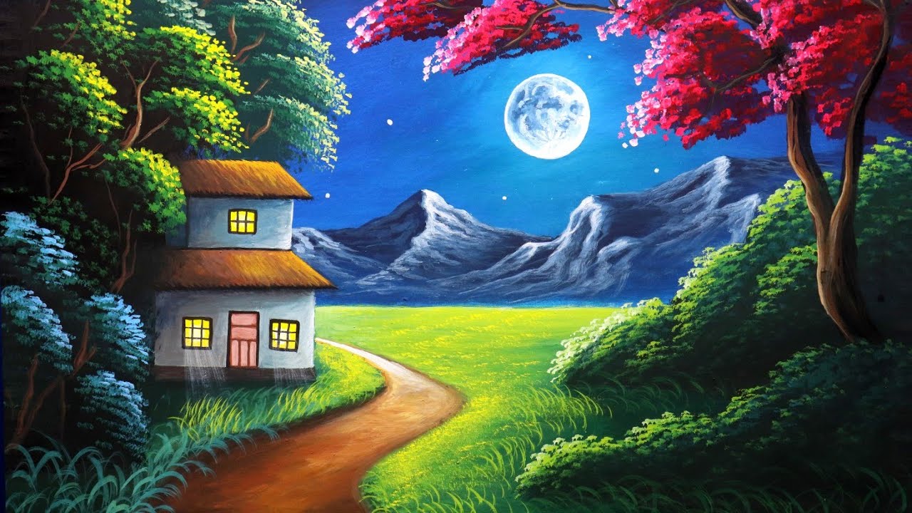 Beautiful Moonlight night scenery painting | painting 536