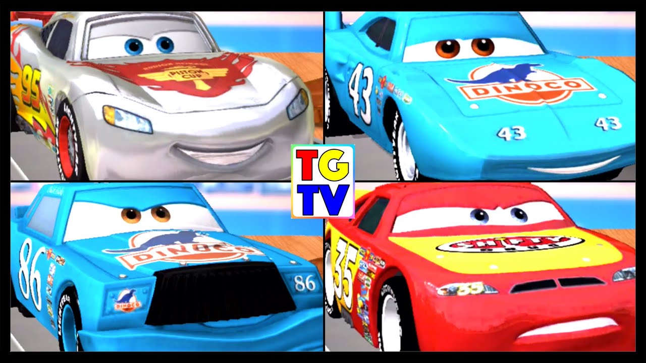 Disney Pixar Cars Lightning McQueen, Dinoco Chick, King 4 Screen Race | Cars Daredevil Garage