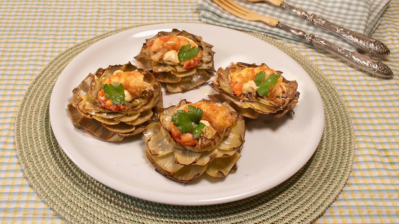 Alcachofas FLOR con langostinos. El entrante más bonito