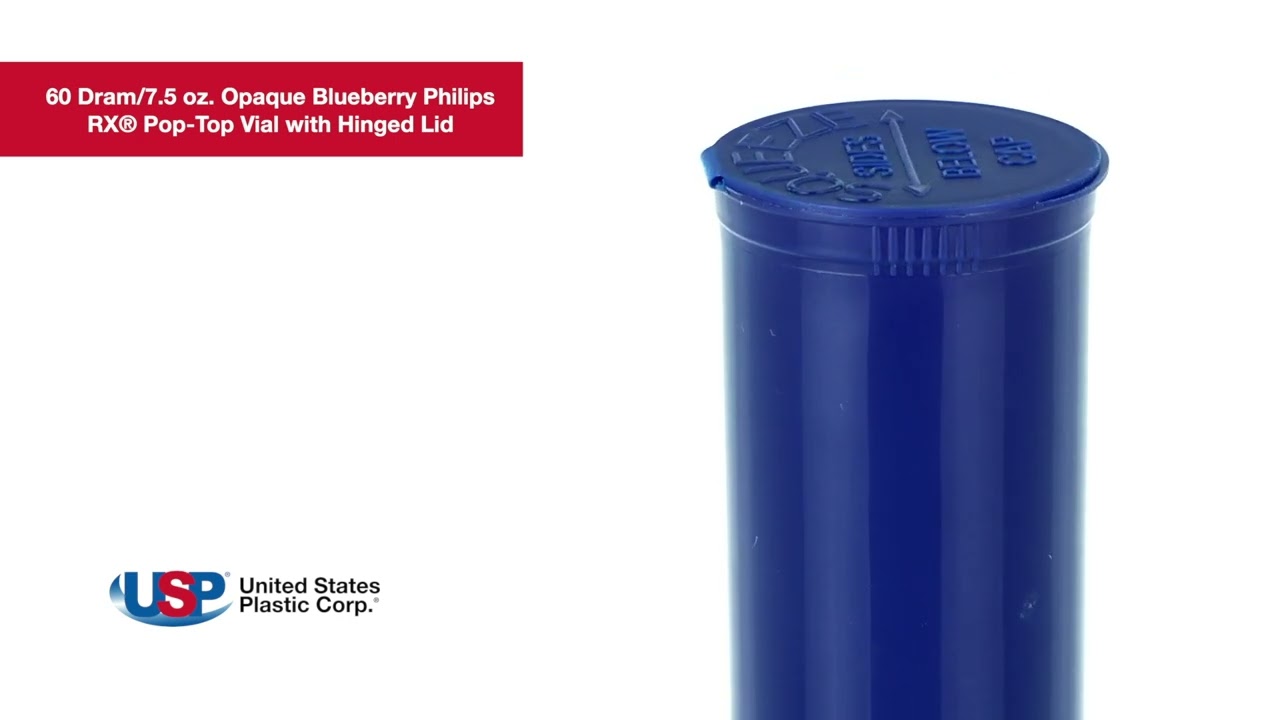 60 Dram Opaque Blueberry Philips RX&reg; Pop-Top Vial with Hinged Lid | U.S. Plastic Corporation&reg;