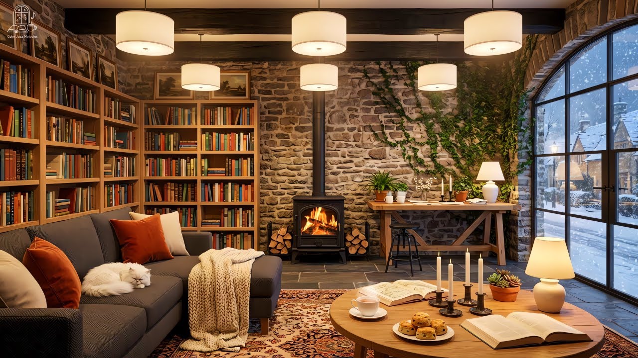 Cozy Snowy Café ❄️ Smooth Jazz Music & Fire Sounds for Study, Relax and Focus
