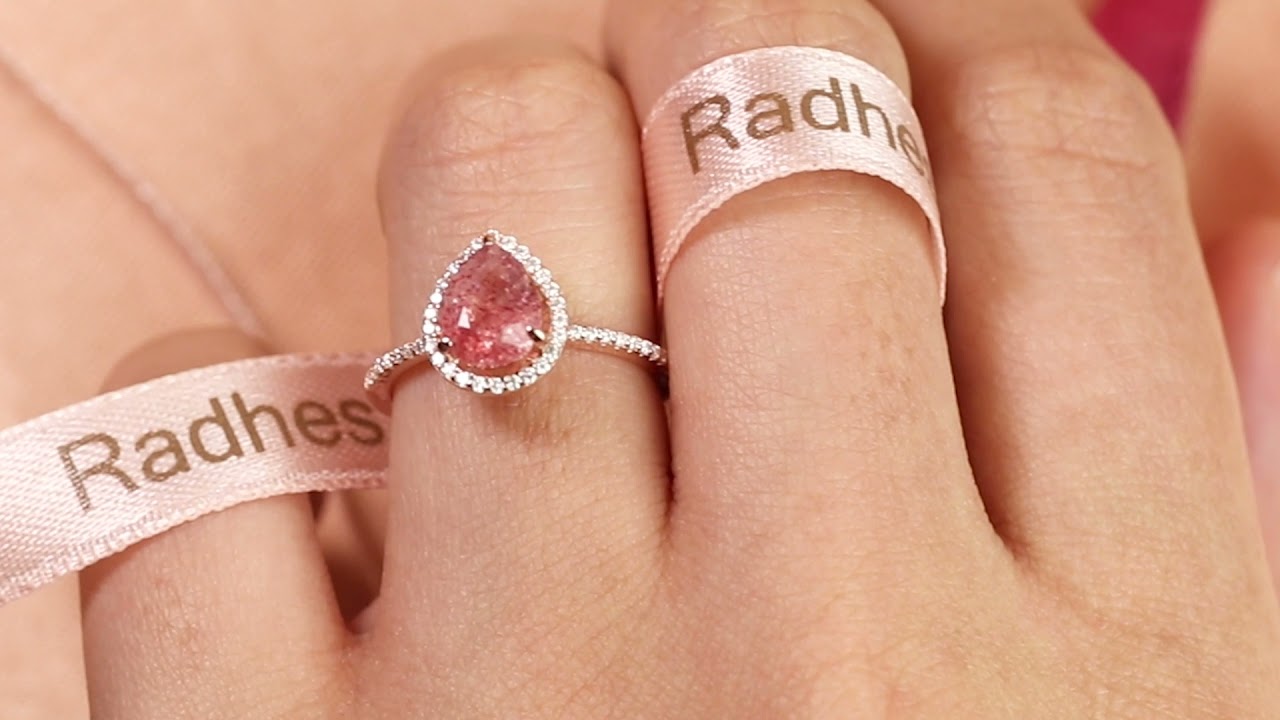 Halo 8x6mm Tear Drop Cut Strawberry Quartz and Diamond Half-pave Wedding Ring for Women in Rose Gold