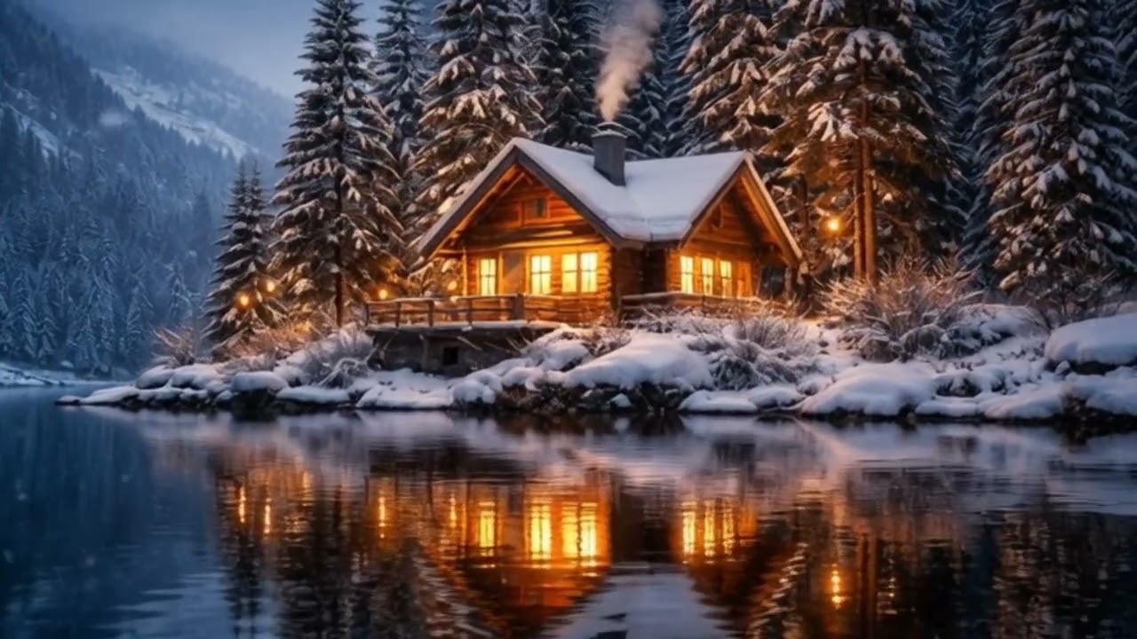 SOUNDLESS - Cozy Winter Cabin by the Lake Relaxing Snowfall Ambience  Calm Night Nature Sounds