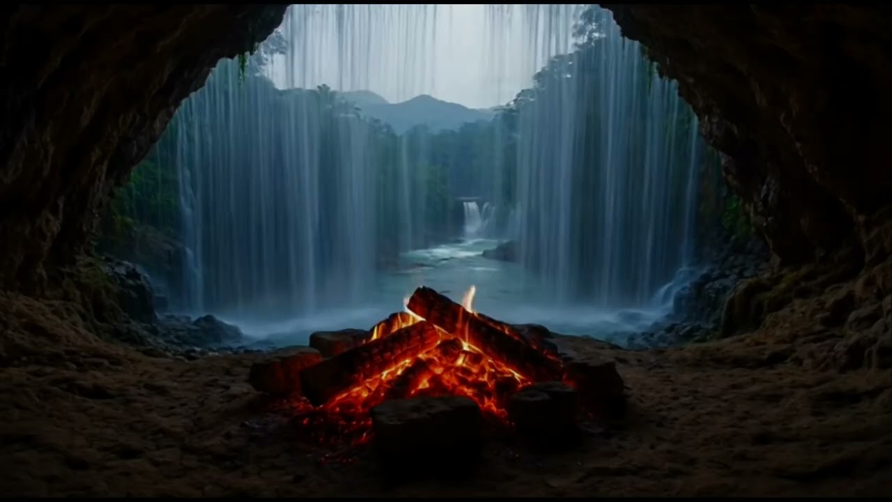Hidden Cave Campfire Behind Waterfall | Deep Relaxation & Sleep Ambience | 25 Percent
