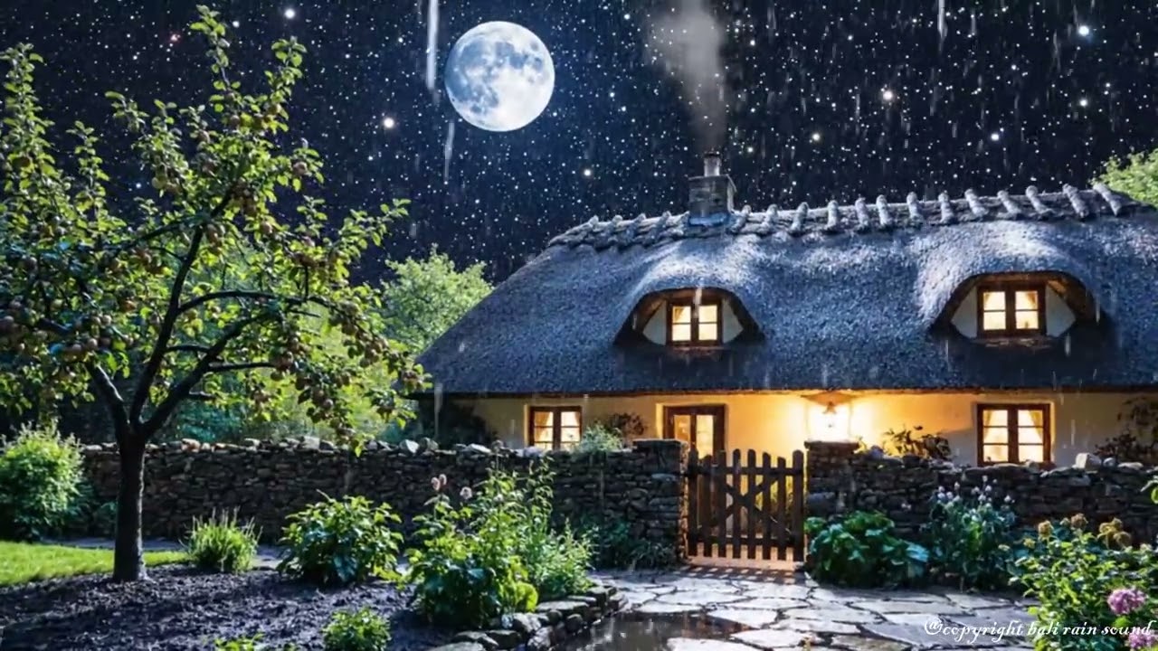 Gentle Midnight Rain Over a Warm Countryside Cottage Beneath the Full Moon