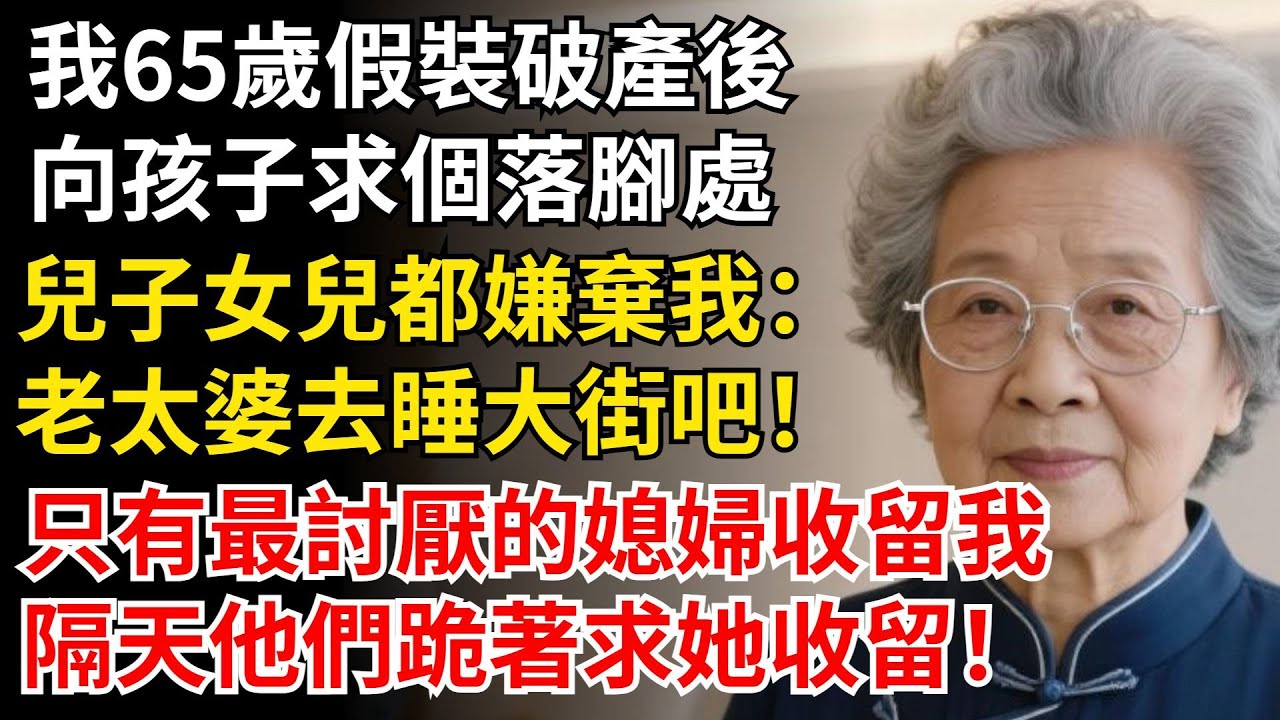 我65歲假裝破產後，向孩子求個落腳處，兒子女兒都嫌棄我：老太婆去睡大街吧，只有最討厭的媳婦收留我；隔天他們跪著求她收留。#晚年生活#中老年生活#為人處世#生活經驗#情感故事#幸福人生