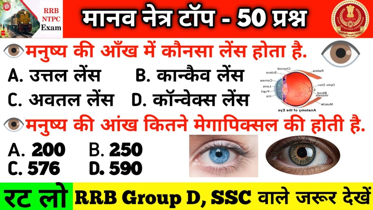 मानव नेत्र टॉप 50 प्रश्न | Human Eye important question | General Science For Railway group D, SSC.