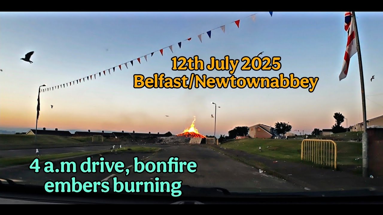 12 July 2025 BELFAST/NEWTOWNABBEY...4 A.M DRIVE, BONFIRE EMBERS STILL BURNING