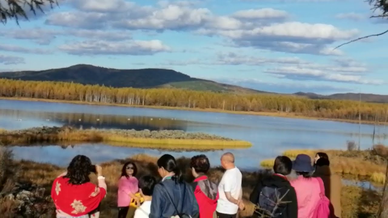 A peaceful lava dammed lake full of people in golden coniferous forest region 2025/09/18 16:23