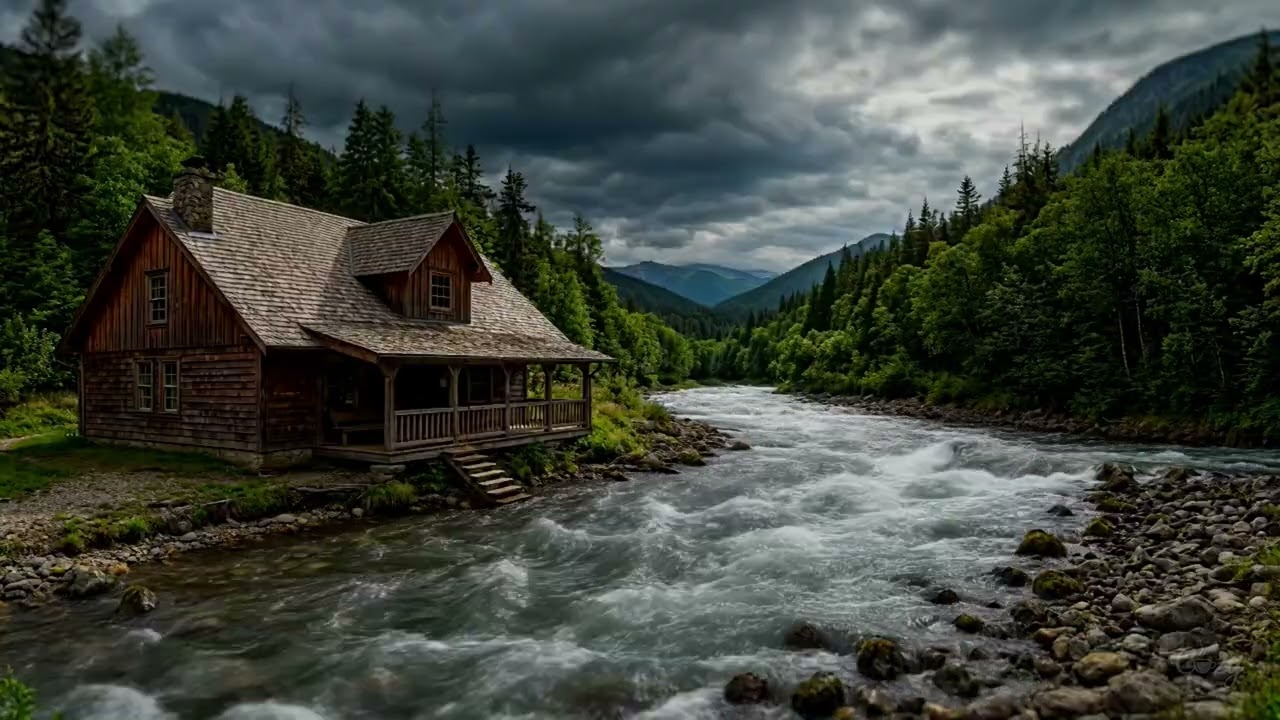 Stormy Cabin by Raging River | Moody ASMR & Nature Fury