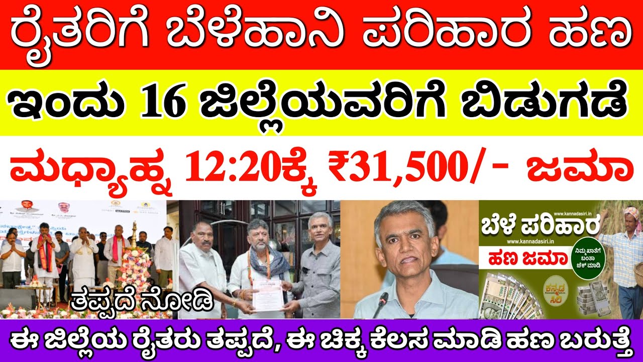ಬೆಳಹಾನಿ ಪರಿಹಾರ ಹಣ ₹31,500/- ರೈತರಿಗೆ ಇಂದು ಮಧ್ಯಾಹ್ನದಿಂದ ಈ 16 ಜಿಲ್ಲೆಗಳಿಗೆ ಜಮಾ | #beleparihar