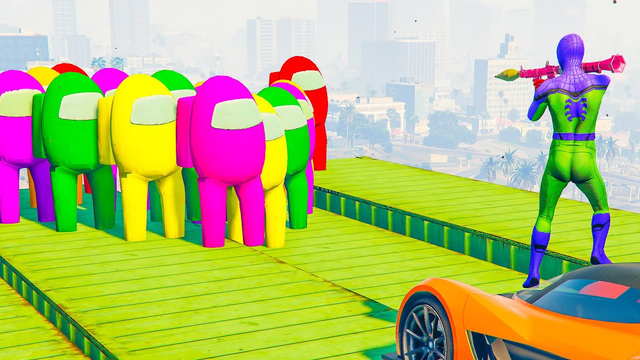 GTA 5 Gameplay Ragdolls GREEN SPIDERMAN VS AMONG US (GTA5 Euphoria Physics Funny Moments)