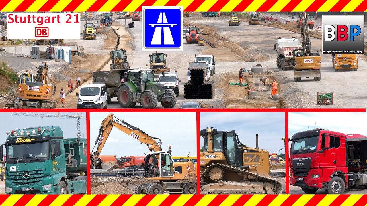 Stuttgart 21: Neubau A8, CAT D6N, M317F, Liebherr R 922,... Mercedes, MAN Trucks, 08.06.2021.