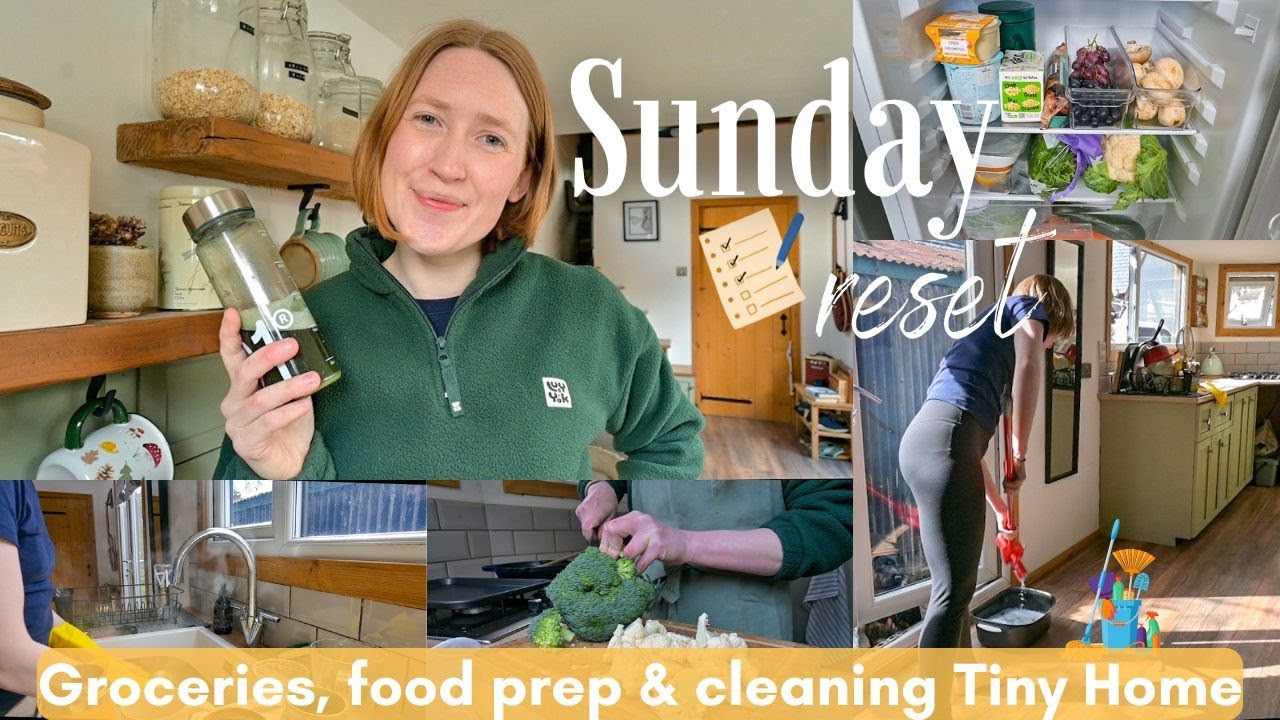 SUNDAY RESET - vegan food haul, healthy food prep & cleaning Tiny House 🧹🧽