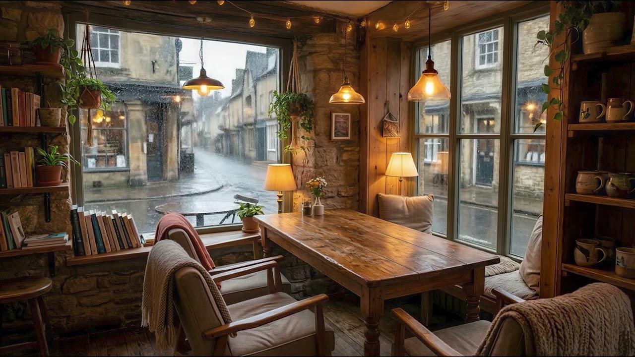 Rainy Coffee Shop Window Seat | Cozy Cafe Ambience & Rain Sounds | 4K 6 Hours