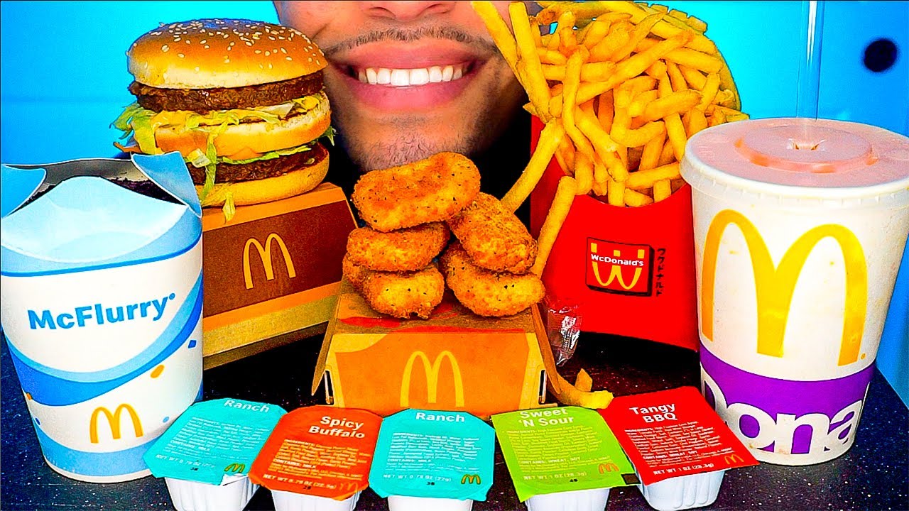 ASMR MCDONALDS CHICKEN NUGGETS OREO MCFLURRY ICE CREAM BIG MAC EATING FRIES MUKBANG JERRY NO TALKING