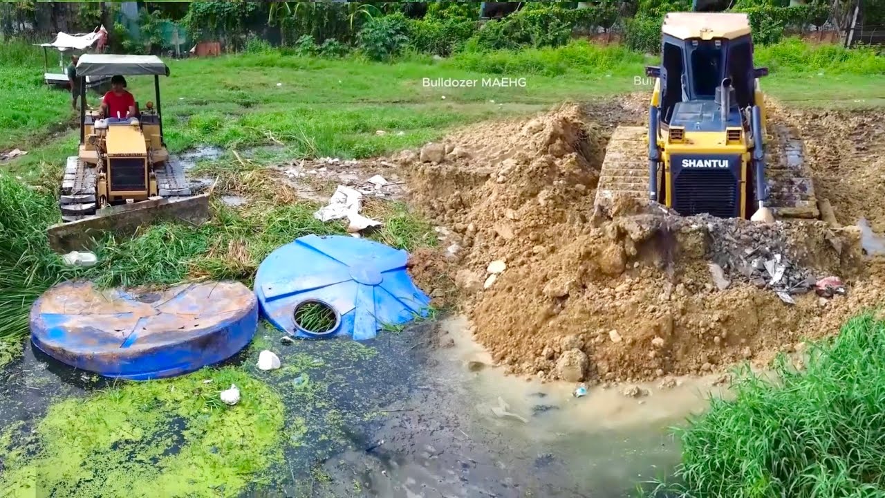 Epic Earthmoving Operator SHANTUI DH17c2 Dozer Pushing Rock Builds a Road through DEEP Water