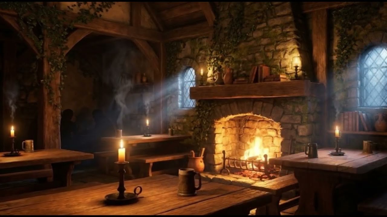 Cozy medieval fireplace in a tavern │Crackling fire│Peace and comfort