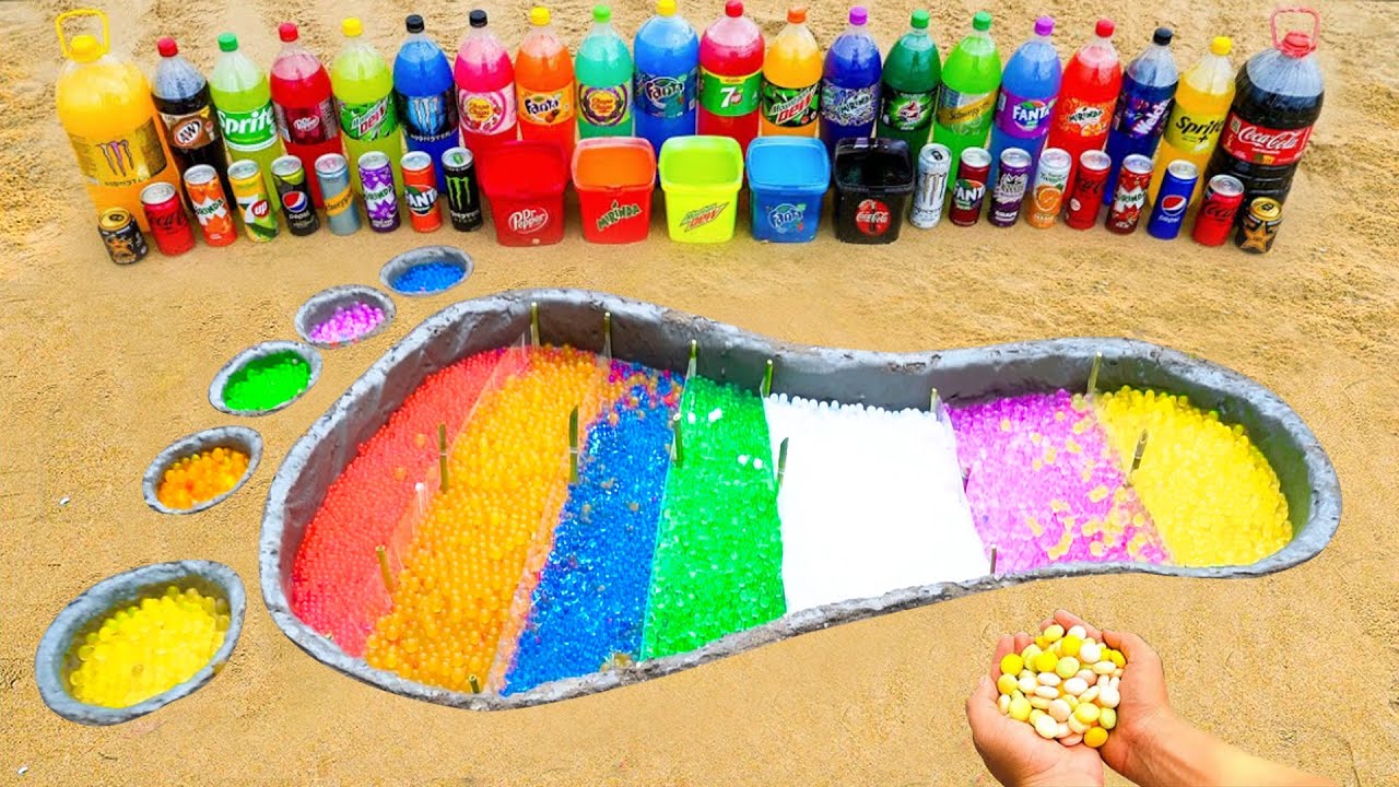 How to make Rainbow Foot with Orbeez, Big Coca Cola, Fanta, 7up, Mtn Dew and Mentos & Popular Sodas