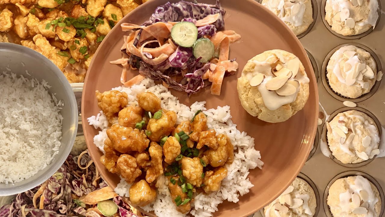 Easy Homemade Orange Chicken Recipe with Jasmine Rice, Asian Slaw & Sourdough Discard Almond Muffins