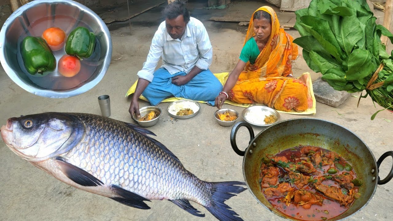 4 Kg KATLA fish curry with capsicum tomatoes|Cooking Pumpkin with Spinach|How to cook fish curry