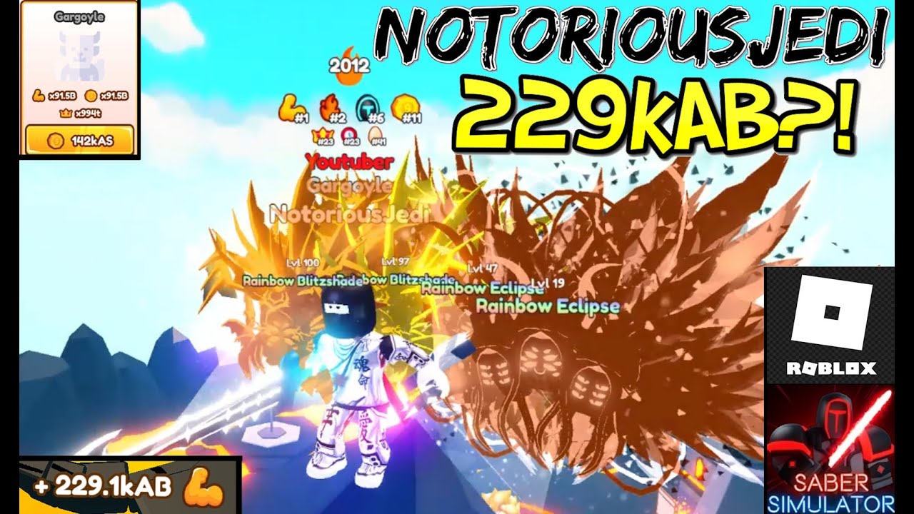 NotoriousJedi hits 229kAB on Saber Simulator w/ Rainbow Secret team! Dungeon Rewards UPDATE! #Roblox