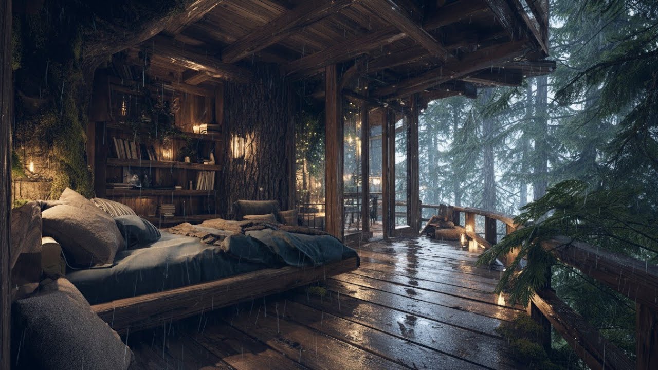 Dark Night Thunder Rain Outside the Cabin ⛈️ Deep Sleep