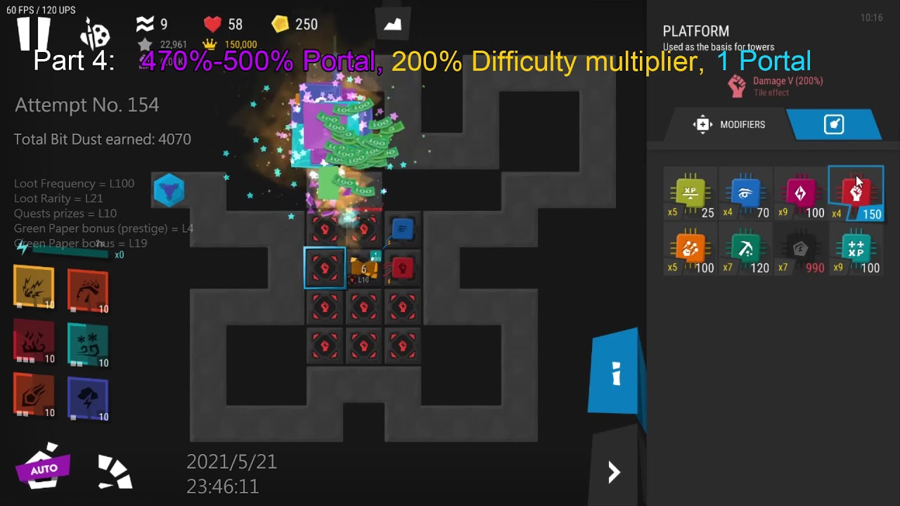 Infinitode 2 Endless farm experiment : How difficulties affect loot?