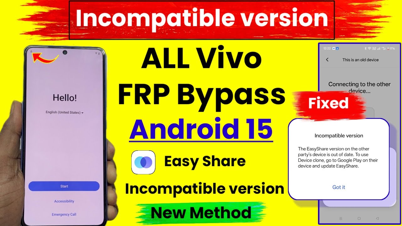 ALL Vivo FRP Bypass Android 15 | Easy Share Incompatible Version Problem| Vivo FRP Bypass Android 15