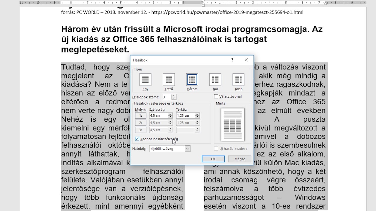 Hasábok készítése WORD-ben - napiinfopercek | 038